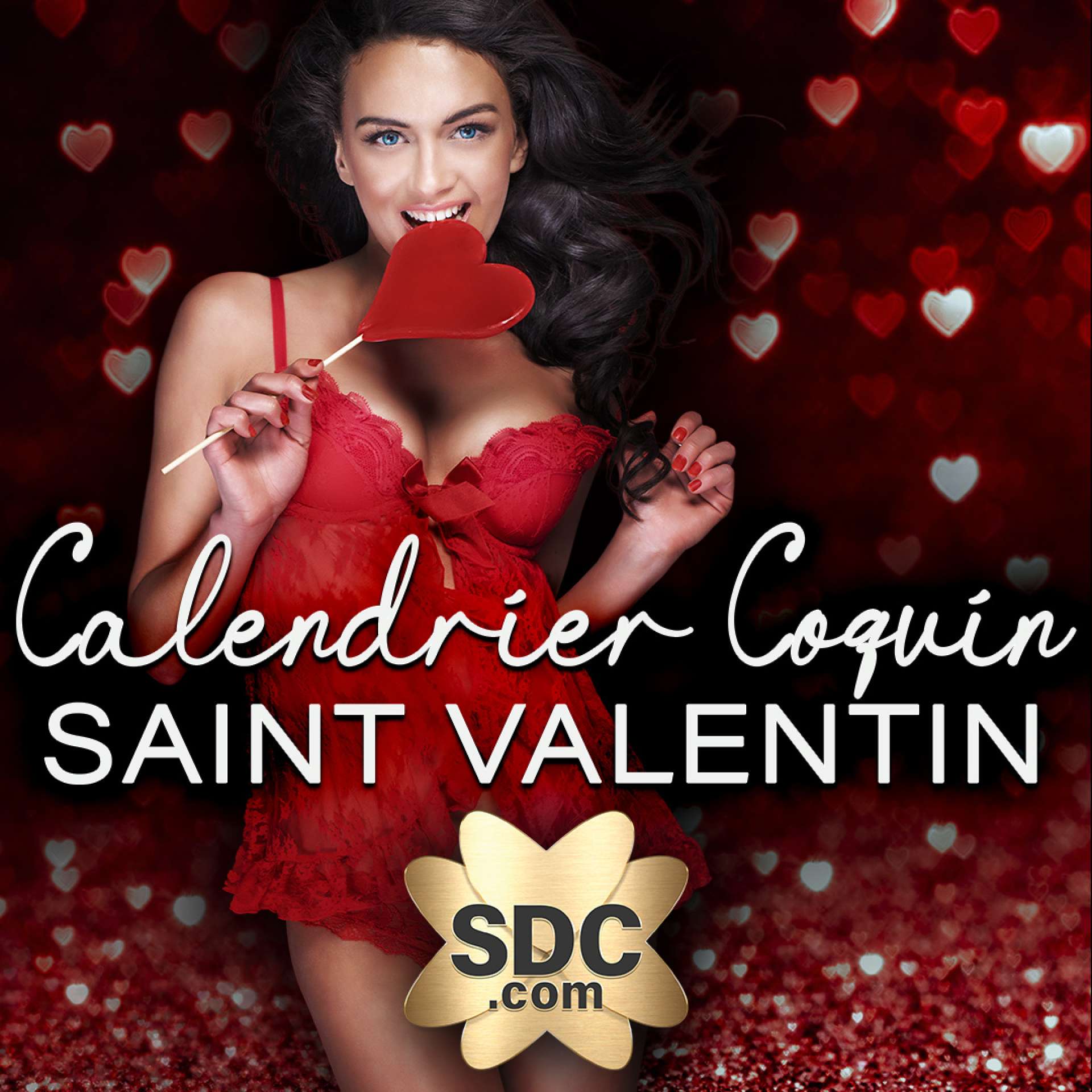 une photo d'une femme avec une sucette en cœur et un logo SDC doré faisant la promotion des offres de la Saint-Valentin 2023