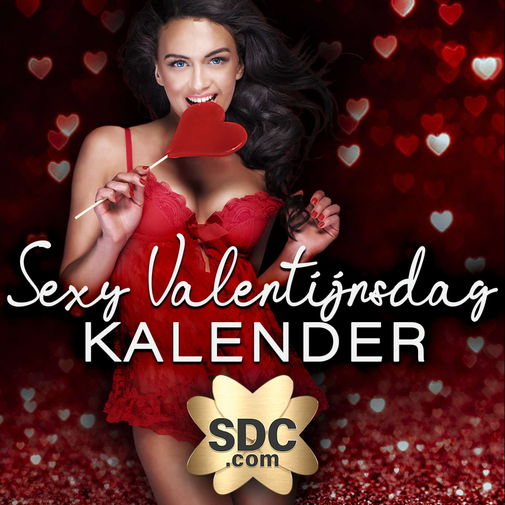 een foto van een vrouw met een hartjeslolly en een gouden SDC-logo ter promotie van Valentijnsdag 2023-deals