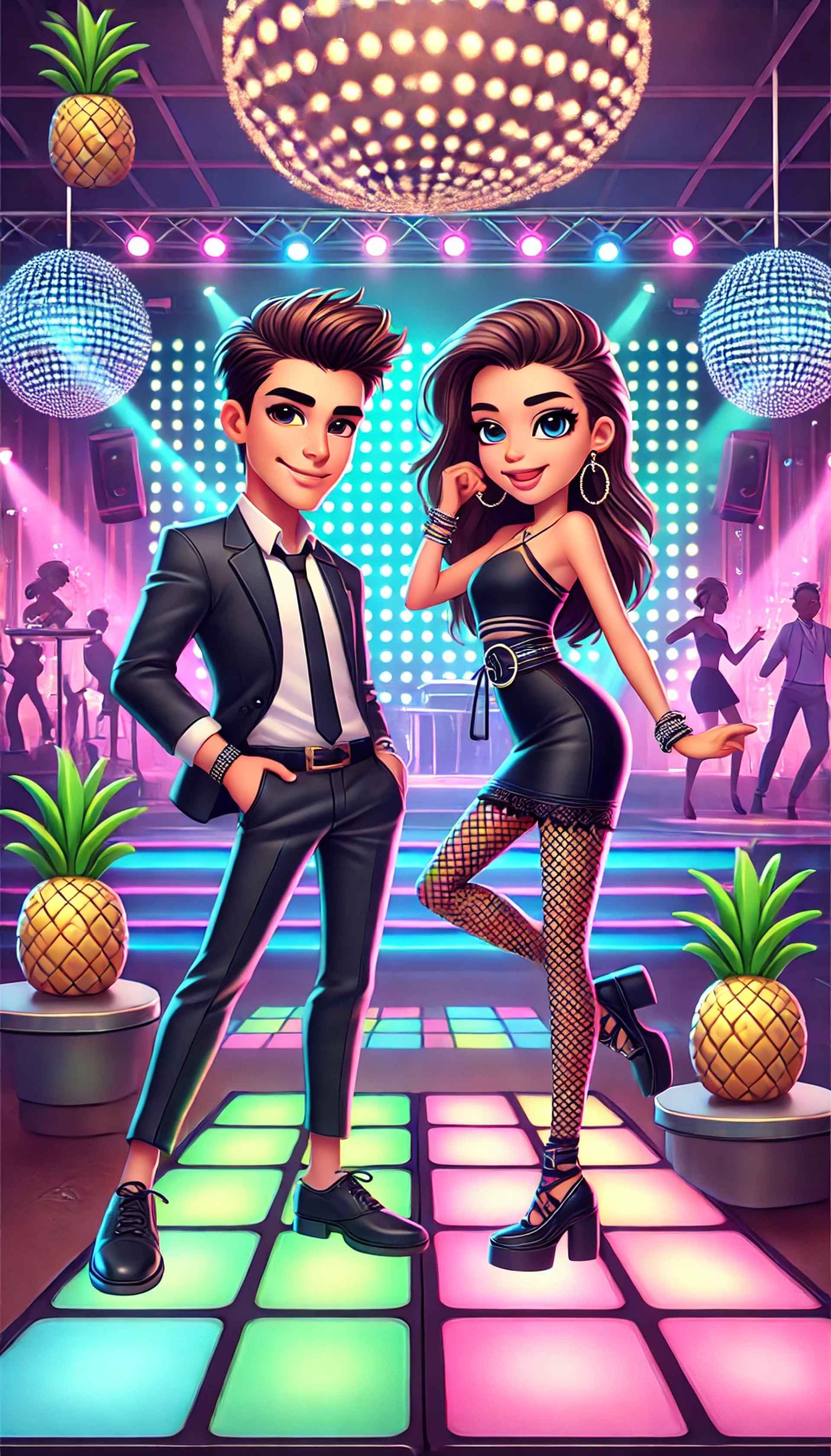 Colorful illustration of a couple on a dance floor at a night club